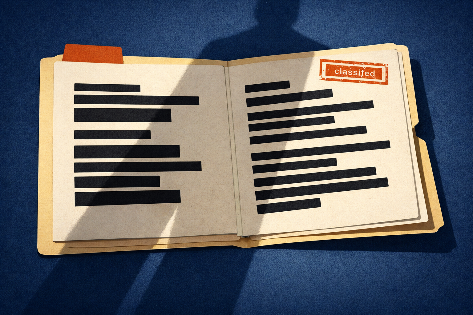 Open manila case file with redacted pages and a long narrow shadow cast across it.