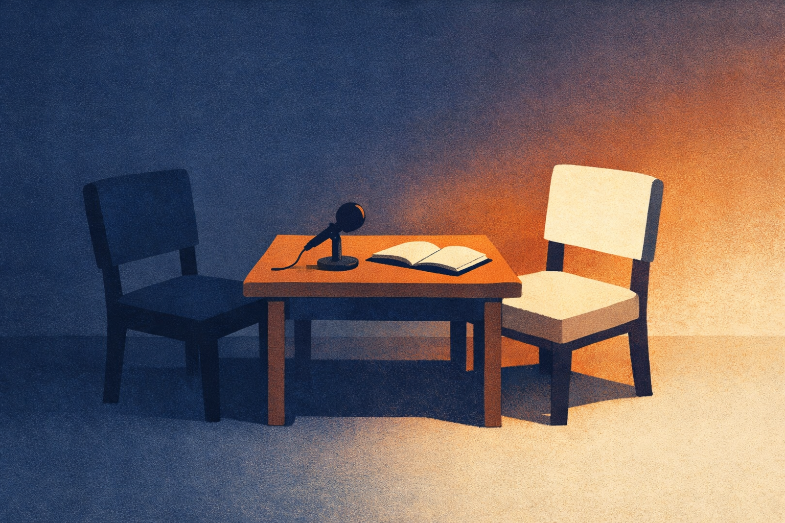 Two empty chairs facing each other with a microphone and open notebook between them, warm low light.