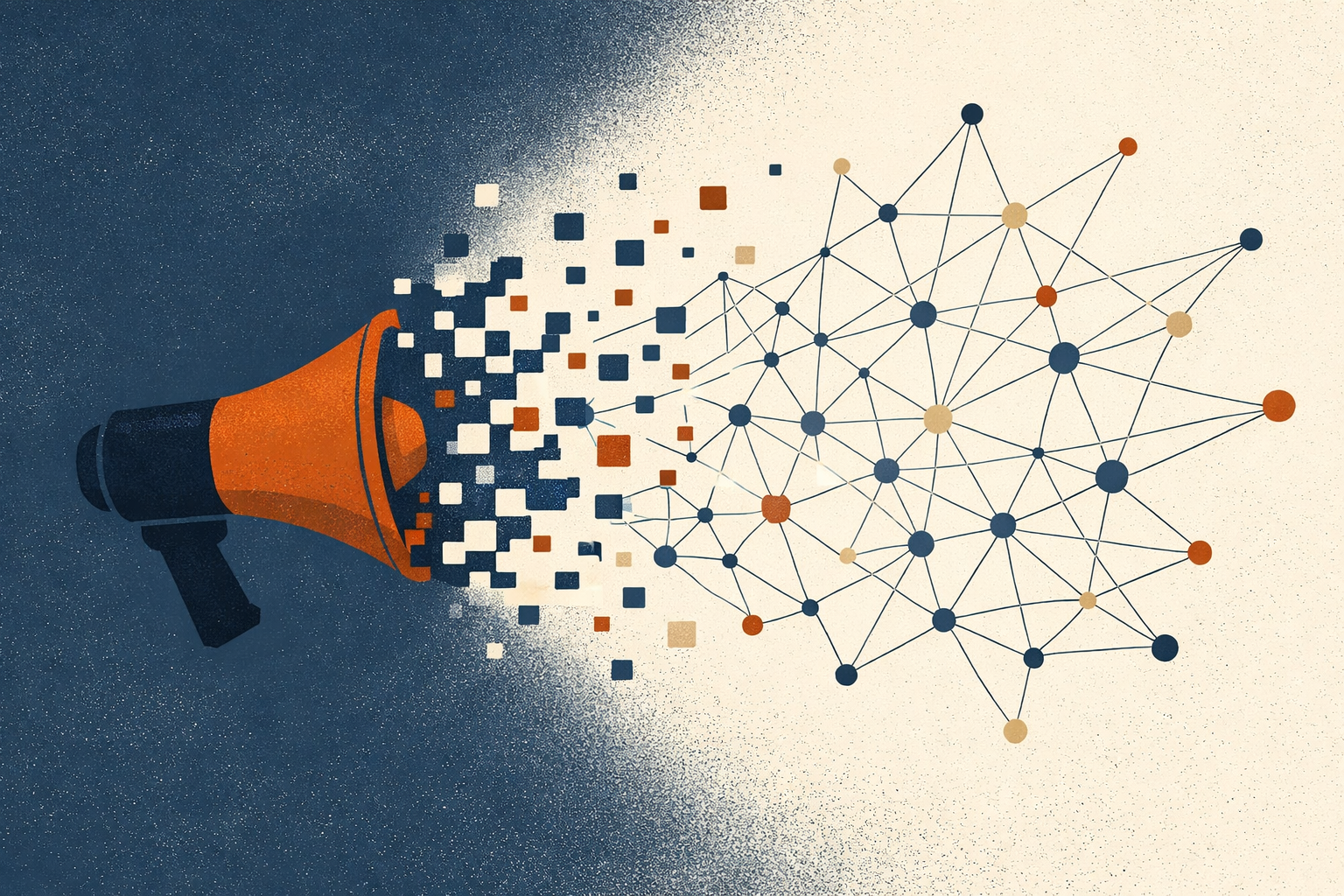A stylised megaphone fragmenting into pixelated shards that scatter into a network of nodes.