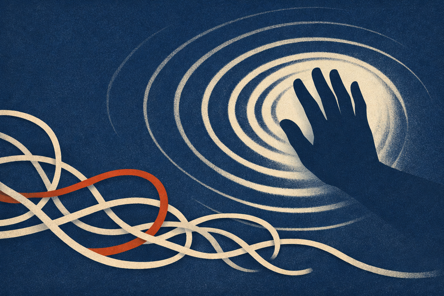 Abstract composition of a hand pressing outward against ripples, suggesting invisible pressure and quiet resistance.