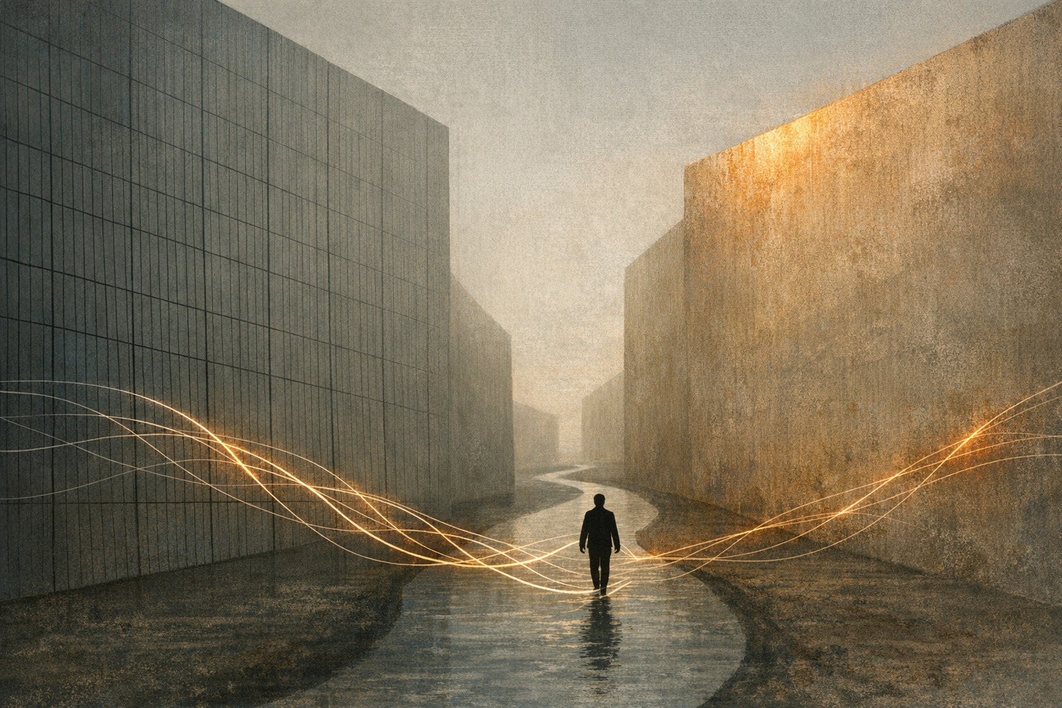 A lone figure navigating a winding channel between two towering walls, leaving luminous threads behind — evoking resistance that simultaneously reinforces the structures it crosses.