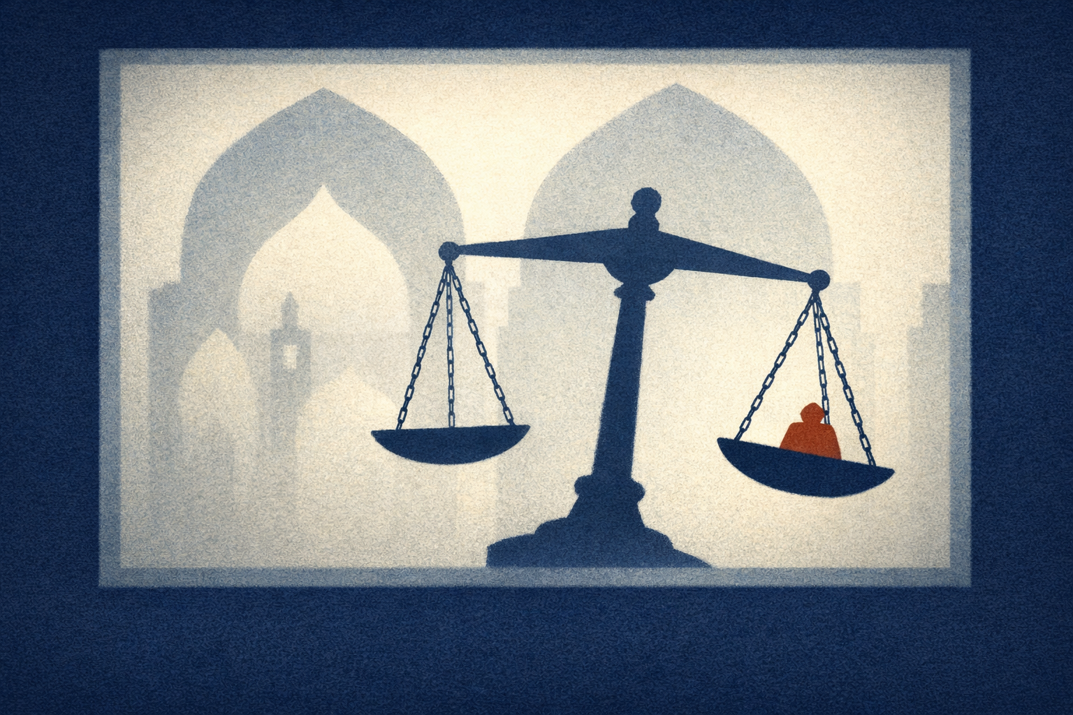 Abstract silhouetted scales tilted off-balance behind frosted arches evoking mosque geometry.