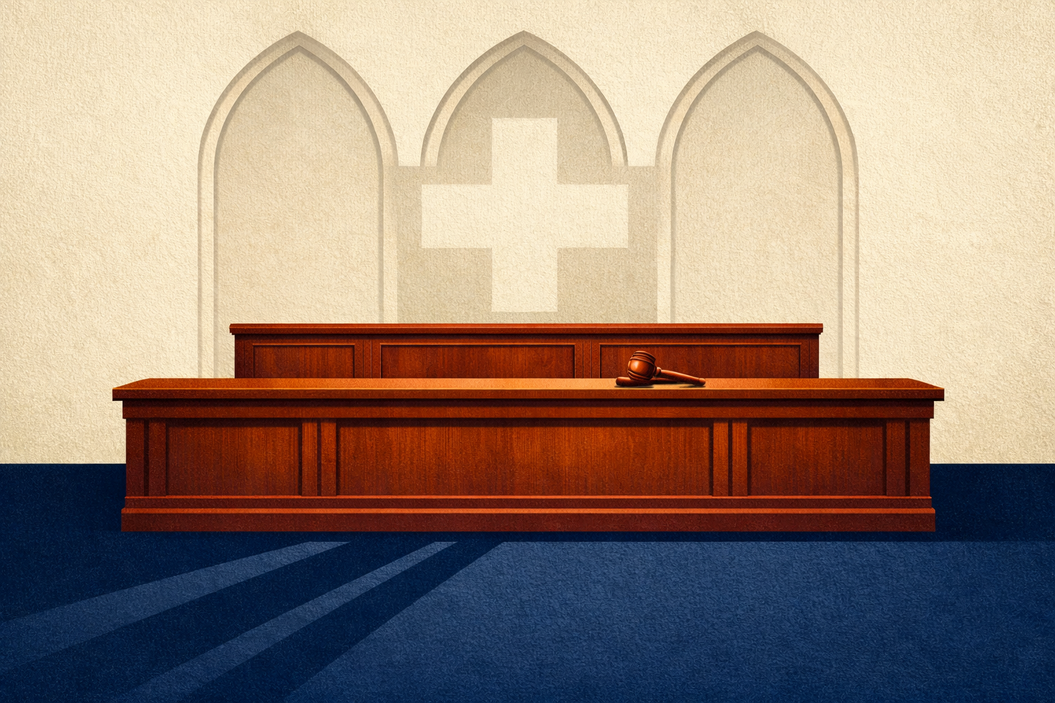 An empty court bench with tall arched panels and a subtle Swiss cross watermark, a single gavel on the bench.